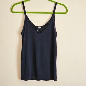 Winter Silks Lace Edge Black Tank Top Base Layer, 100% Silk, Sz S